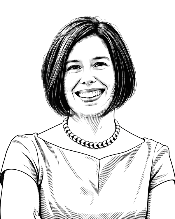 Black-and-white line drawing portrait of Ali Davis