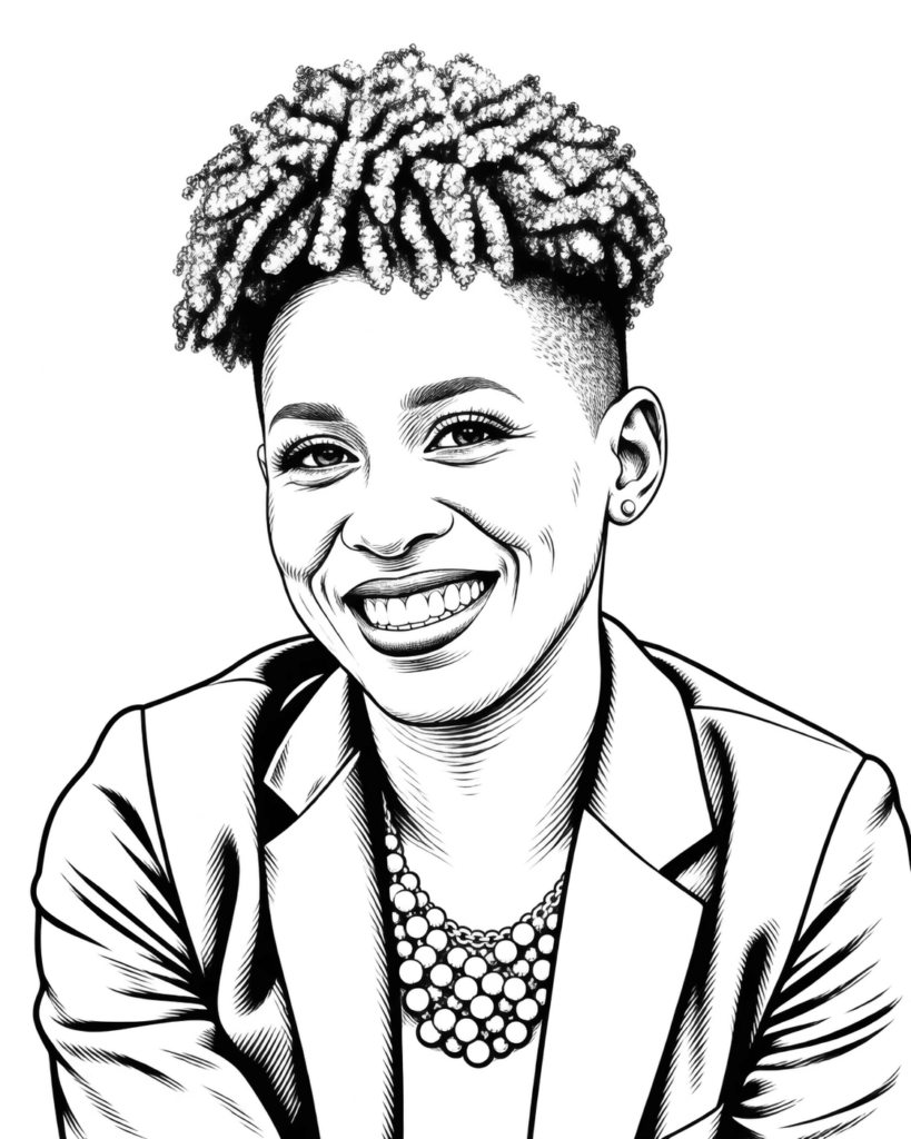 Black-and-white line drawing portrait of Candace Thompson-Zachery