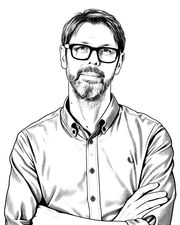 Black-and-white line drawing portrait of Stefaan G. Verhulst
