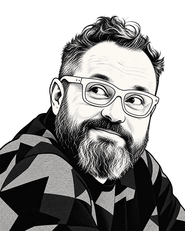 Black-and-white line drawing portrait of Gonzalo Casals