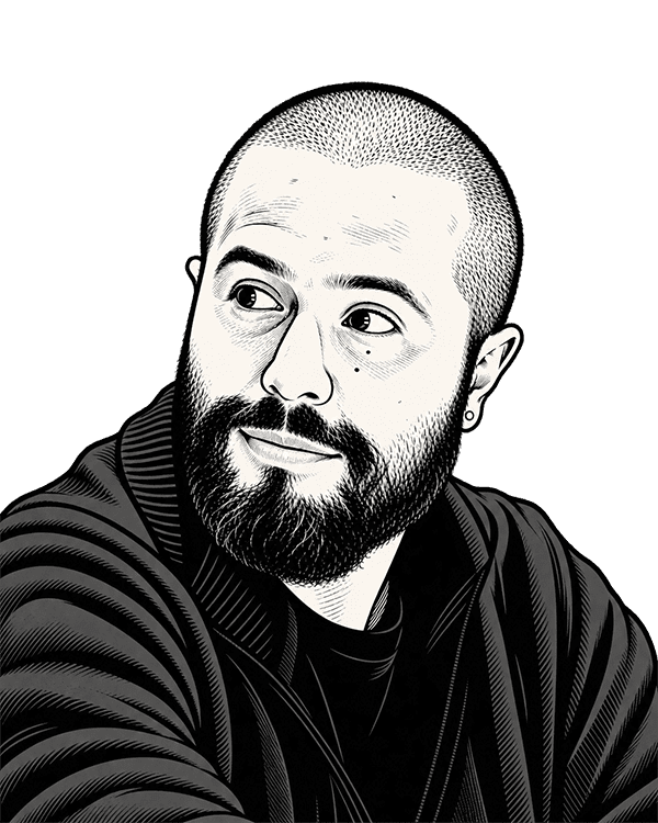 Black-and-white line drawing portrait of Mauricio Delfin